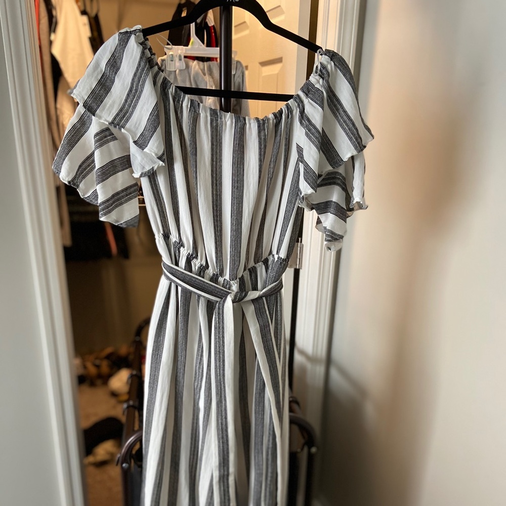 Off the shoulder grey and white jumpsuit